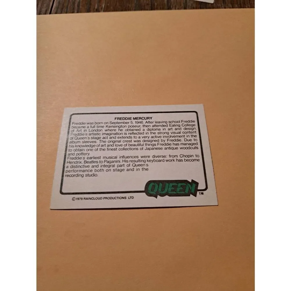 Vintage 1979 Raincloud Productions Queen Trading Card #45 Rock Band Memorabilia